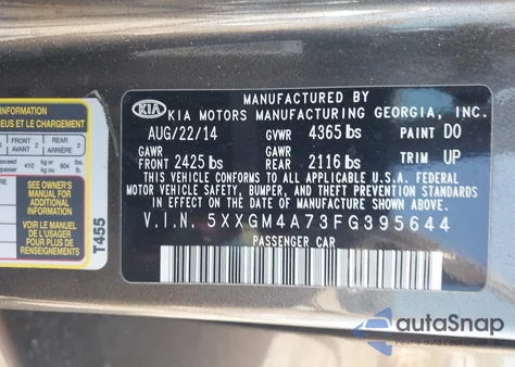 2015 Kia Optima Lx from USA, damaged, VIN 5XXGM4A73FG395644